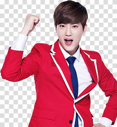 EXO KFC CHINA, man wearing red and white blazer raising left hand transparent background PNG clipart