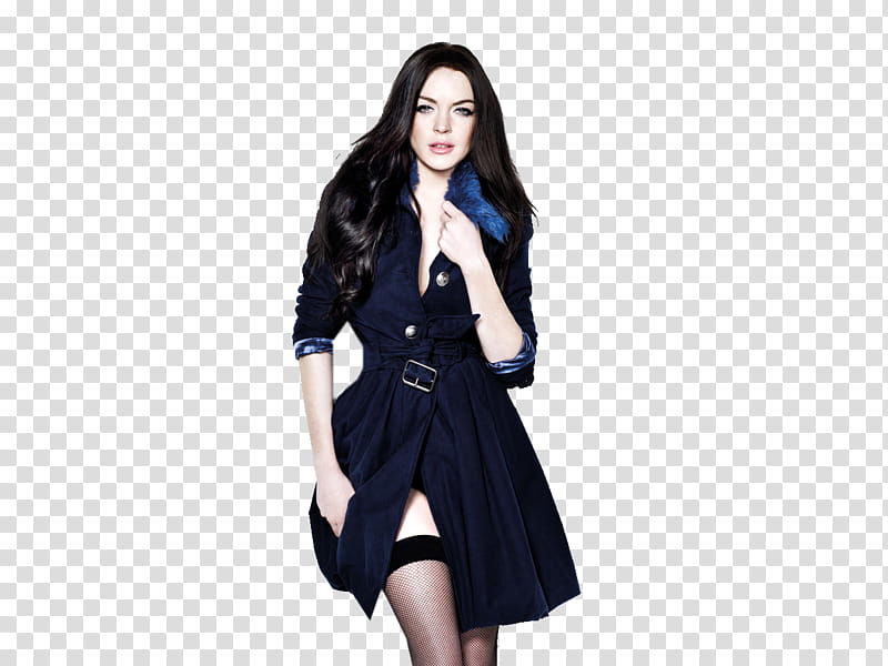 Lindsay Lohan, standing woman in dark-blue trench coat with right hand on coat lapel transparent background PNG clipart