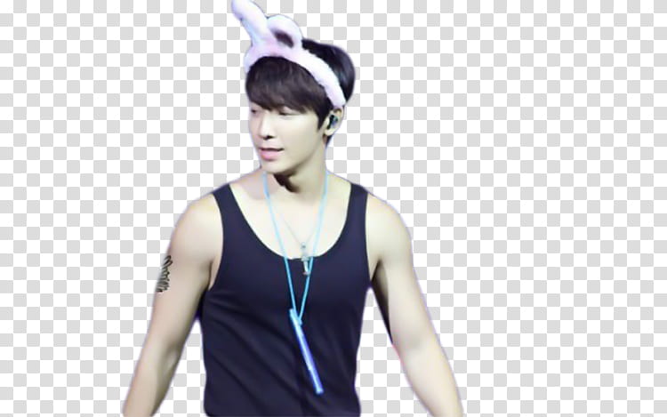 Donghae Super Junior , man wearing blue tank top and pink rabbit ear headband transparent background PNG clipart