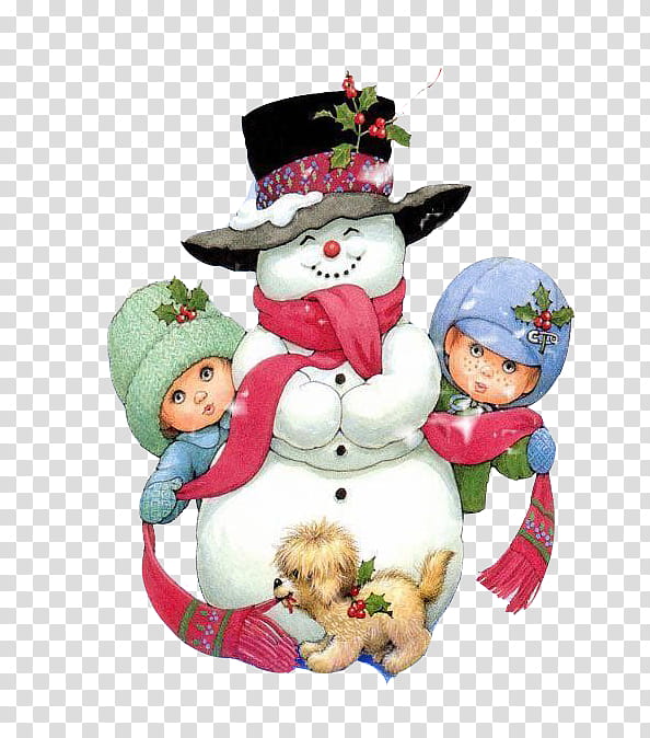 Christmas s, two children at the back of snowman transparent background PNG clipart