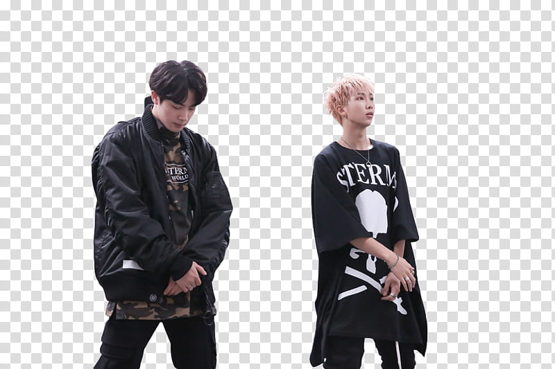 BTS Shooting for MIC Drop, two men standing and wearing black shirts transparent background PNG clipart