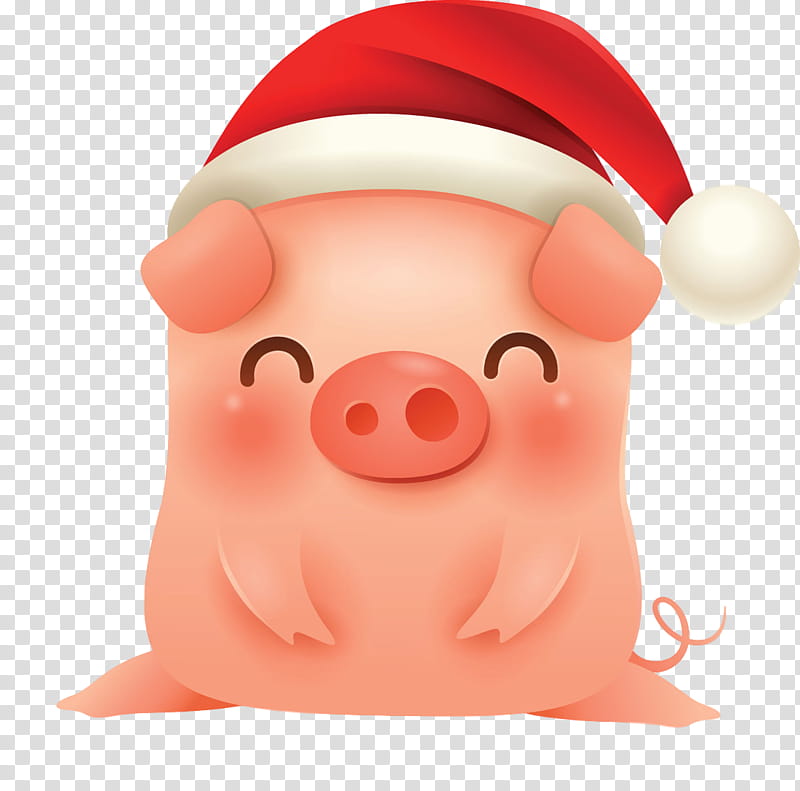 merry christmas pig cute pig, Cartoon, Suidae, Nose, Pink, Santa Claus, Snout transparent background PNG clipart