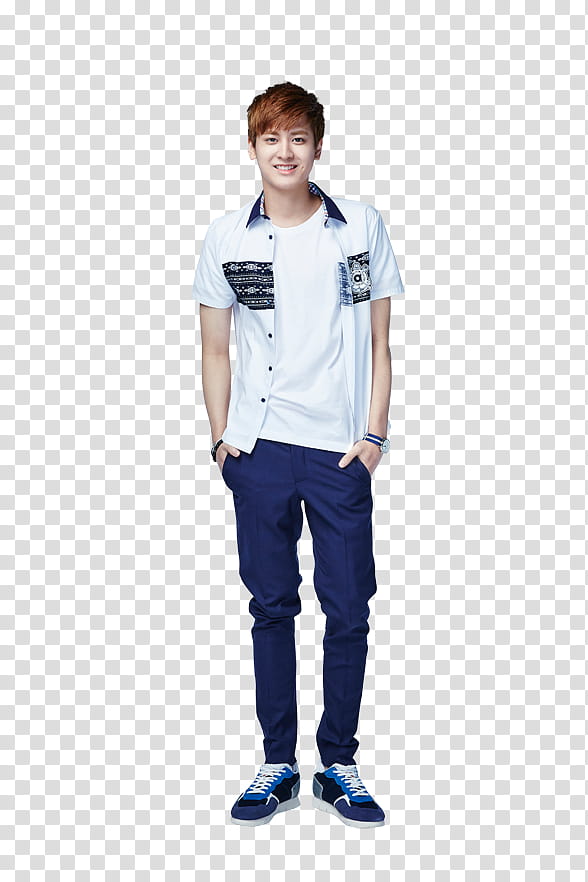 iKON Smart P, man in white shirt and blue pants outfit transparent background PNG clipart