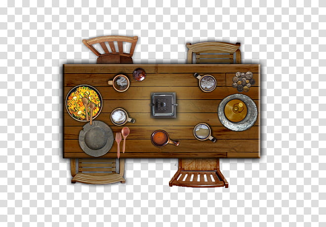 RedThorn Tavern Furnishings Art, high-angle graphy of rectangular brown wooden dining table and four chairs transparent background PNG clipart