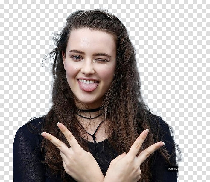 Katherine Langford, woman doing hand gesture while sticking tongue out transparent background PNG clipart