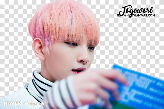 SEVENTEEN CLAP ERA, man wearing white turtleneck top with pink hair transparent background PNG clipart