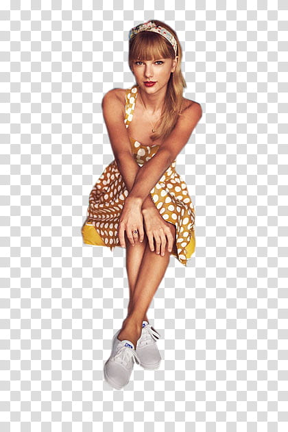 Taylor Swift , sitting Taylor Swift wearing brown and white polka-dot dress transparent background PNG clipart