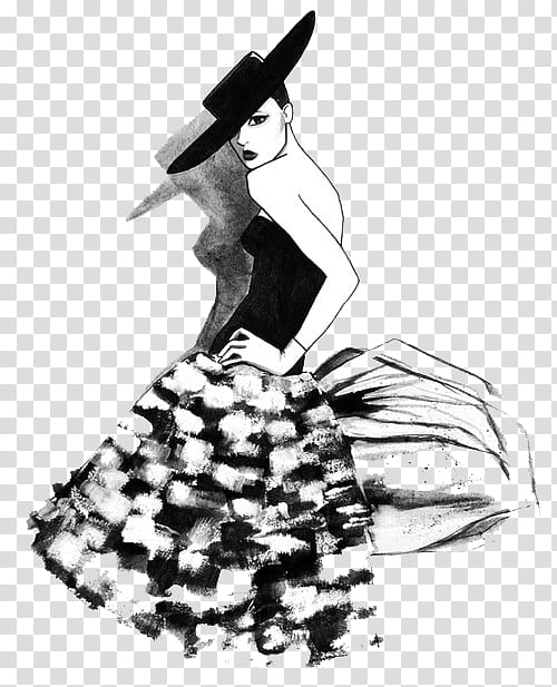 Illustrated, woman in black and white strapless dress sketch