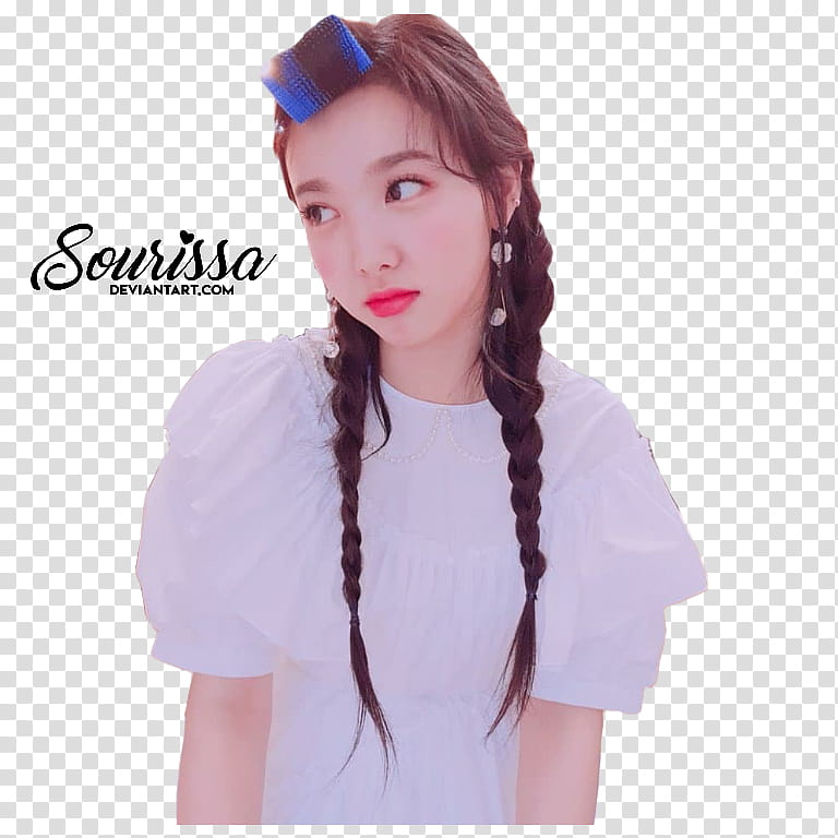CHAEYOUNG JIHYO NAYEON TWICE, woman in white short-sleeved top with text overlay transparent background PNG clipart