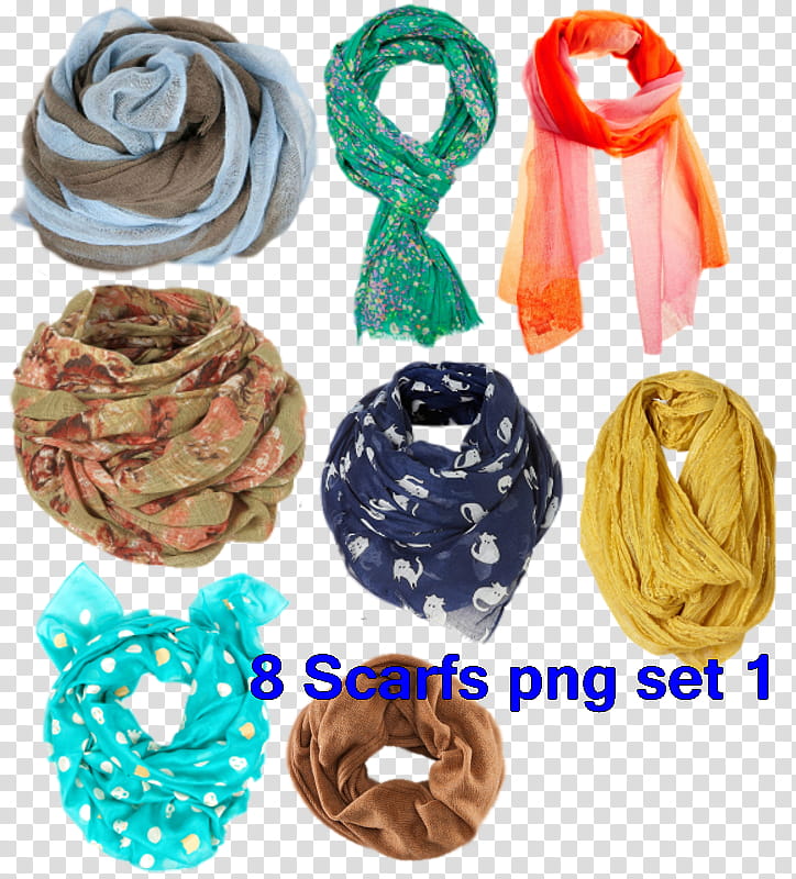 Scarfs Set , eight assorted-color-and-print scarves collage transparent background PNG clipart