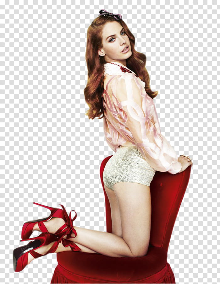 Lana Del Rey kneeling on red chair transparent background PNG clipart