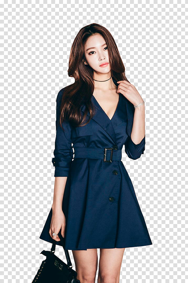 PARK JUNG YOON, woman wearing blue velvet elbow-sleeved dress with belt transparent background PNG clipart