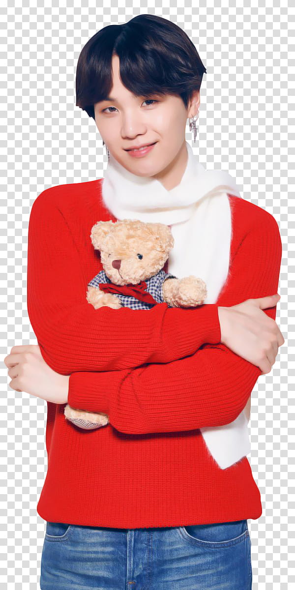 BTS BTS X LG MERRY CHRISTMAS, man wearing red sweat shirt and white scarf hugging bear transparent background PNG clipart