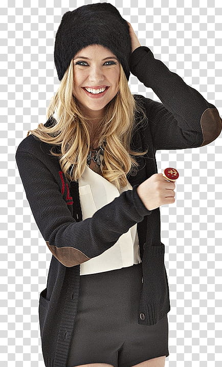 Ash Benson, smiling woman wearing black and brown cardigan and black short shorts holding her head transparent background PNG clipart