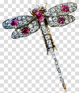 Vintage Dragonfly Brooch, clear and pink jeweled gold-colored dragonfly brooch transparent background PNG clipart thumbnail