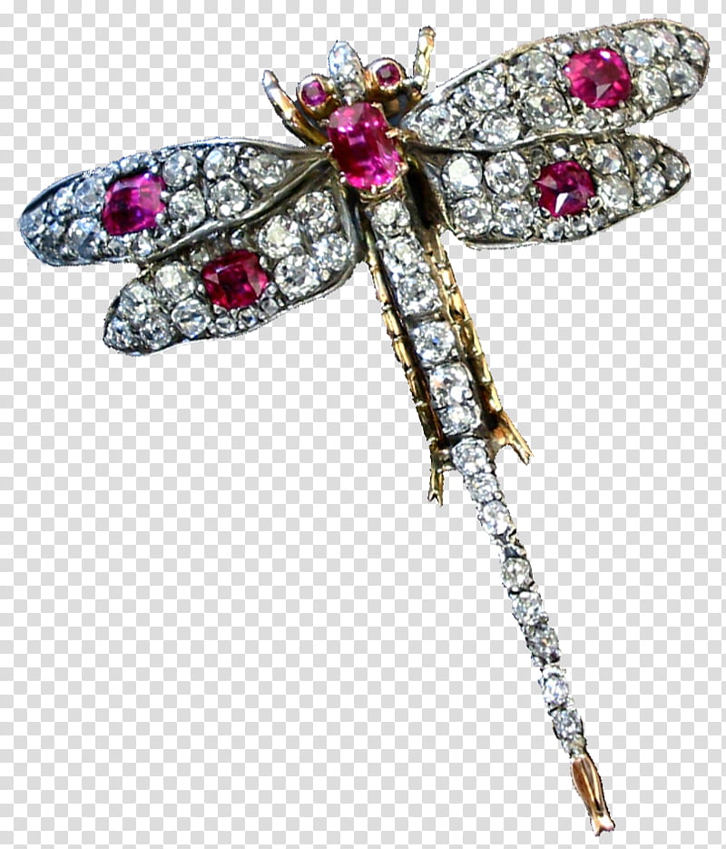Vintage Dragonfly Brooch, clear and pink jeweled gold-colored dragonfly brooch transparent background PNG clipart