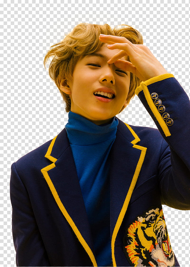 JISUNG NCT DREAM , man wearing blue and yellow leather coat transparent background PNG clipart