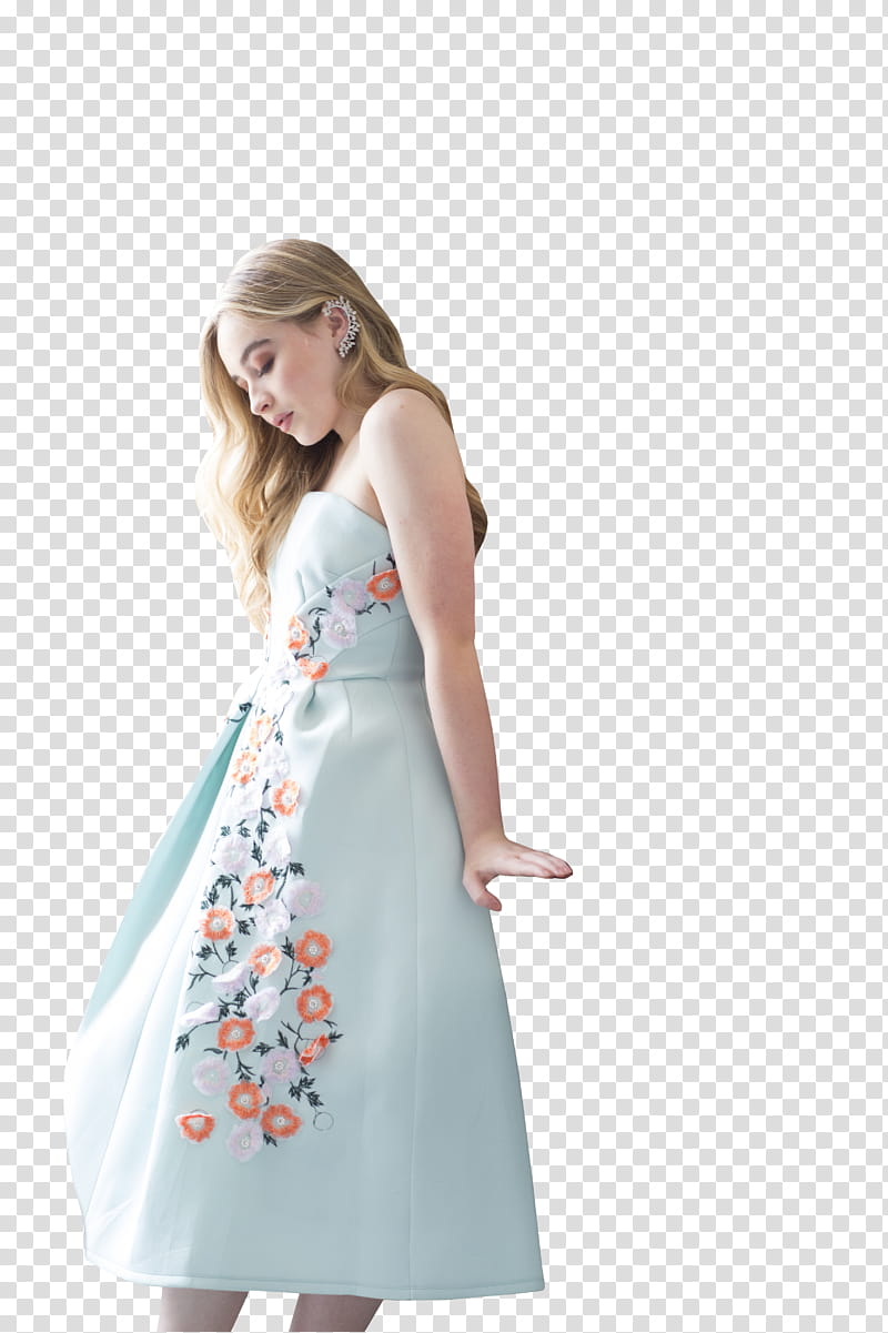Sabrina Carpenter, woman wearing white strapless floral dress transparent background PNG clipart