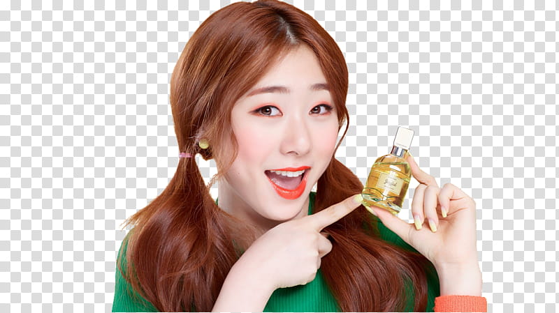 I O I Etude House P, smiling woman holding bottle transparent background PNG clipart