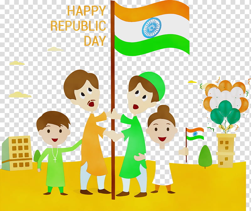 green cartoon sharing child playing with kids, Happy India Republic Day, Watercolor, Paint, Wet Ink transparent background PNG clipart
