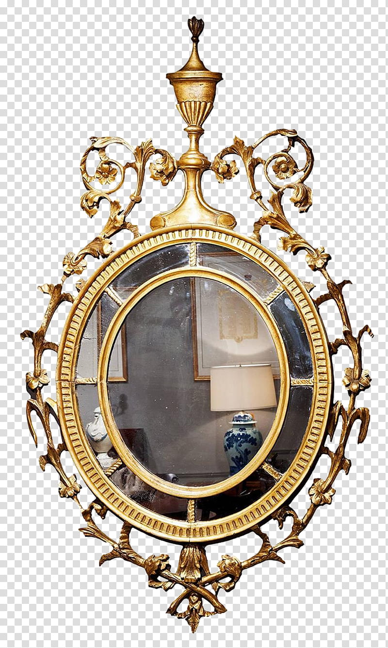 Mirrors, round brass-colored framed glass mirror transparent background PNG clipart