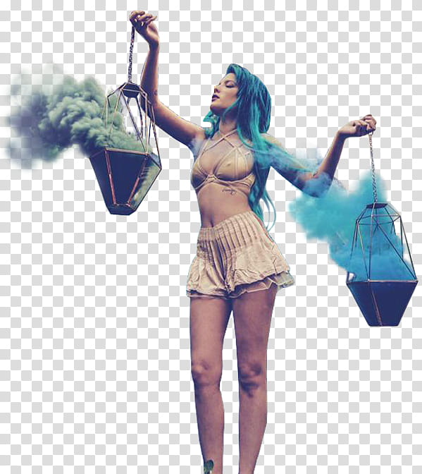Halsey, woman holding two black metal cabled baskets with blue smoke ]\ transparent background PNG clipart