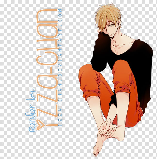Renders Anime, male anime character wearing black sweater and orange sweatpants transparent background PNG clipart