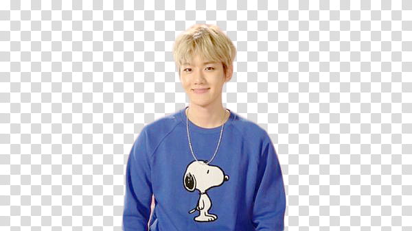 Spao We Love You bh, smiling man wearing blue Snoopy graphic sweater transparent background PNG clipart