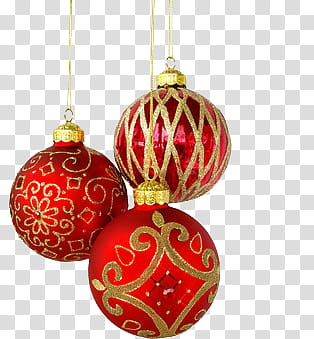 Xmas ornament ball , three hanging red baubles transparent background PNG clipart