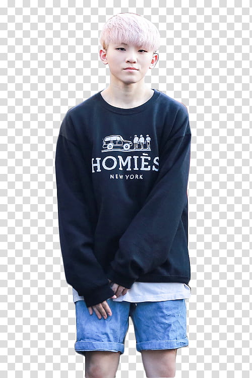 WOOZI RENDER , smirking and standing man wearing black and white Homies crew-neck sweater beside people transparent background PNG clipart