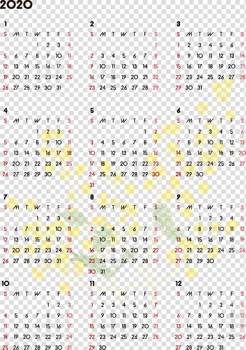 text calendar yellow line font, 2020 Yearly Calendar, Printable 2020 Yearly Calendar, Year 2020 Calendar, Watercolor, Paint, Wet Ink transparent background PNG clipart
