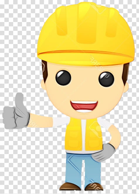 cartoon construction worker yellow personal protective equipment hard hat, Watercolor, Paint, Wet Ink, Cartoon, Headgear, Fashion Accessory, Fictional Character transparent background PNG clipart