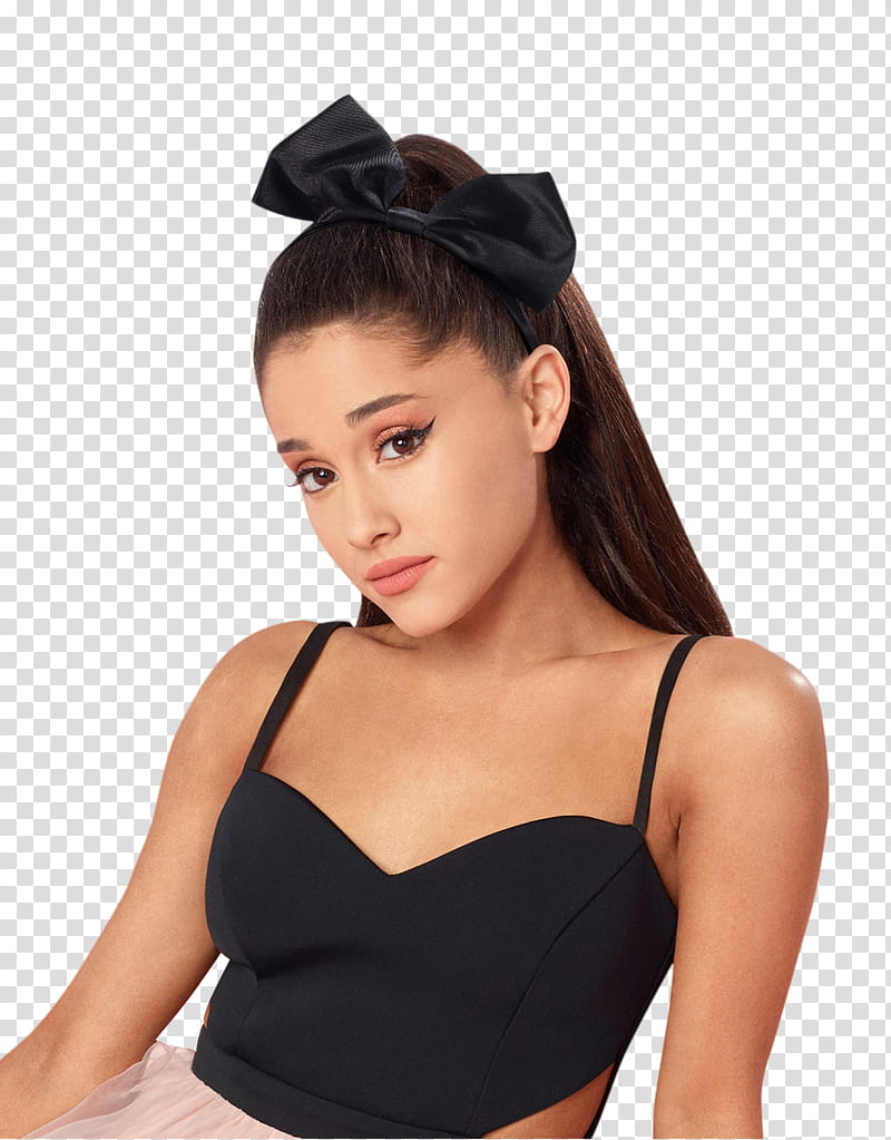 Ariana Grande , Ariana Grande wearing black spaghetti strap top and ribbon tie headdress transparent background PNG clipart