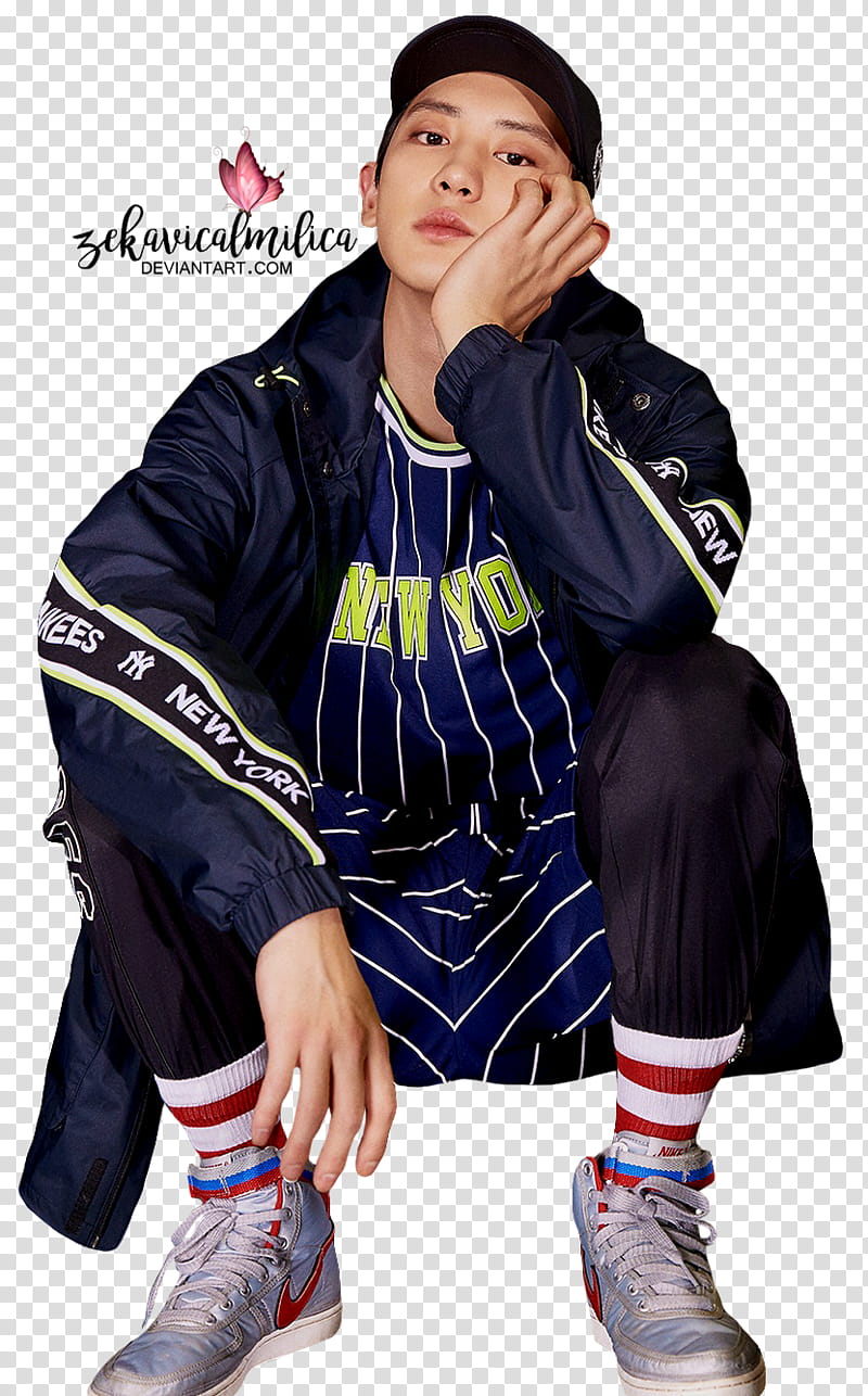 EXO Chanyeol MLB, man wearing blue letterman jacket transparent background PNG clipart