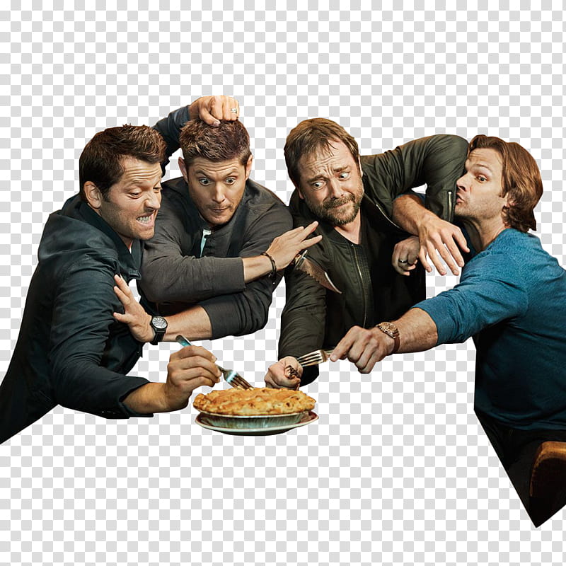 Supernatural Cast, four men fighting over pie transparent background PNG clipart