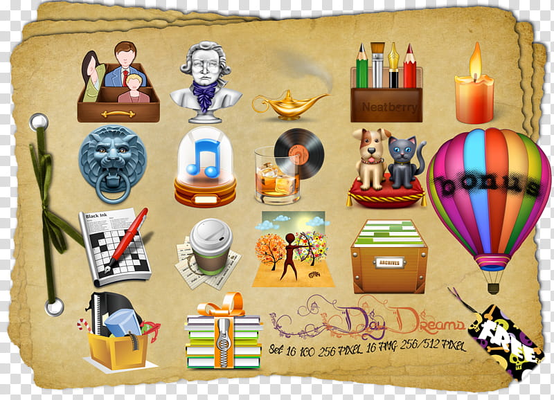 DayDreams Set Icone Free Windows Dock Linux, DayDream anteprima, assorted items stickers transparent background PNG clipart