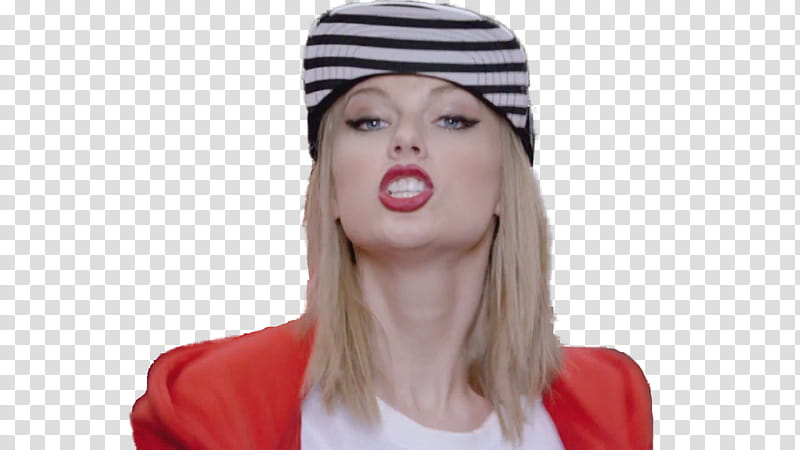 Taylor Swift Shake It Off, Taylor Swift wearing red top and black and white striped cap transparent background PNG clipart