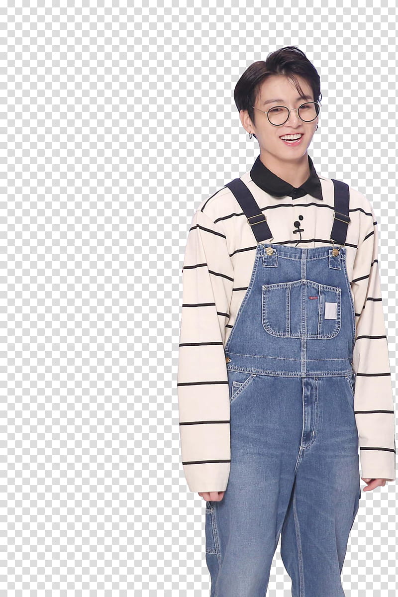 Jungkook , man wearing blue denim overall pants transparent background PNG clipart
