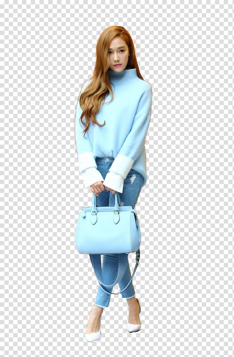 Jessica Jung, girl wearing blue and white turtle-neckline sweater holding blue leather two-way bag transparent background PNG clipart
