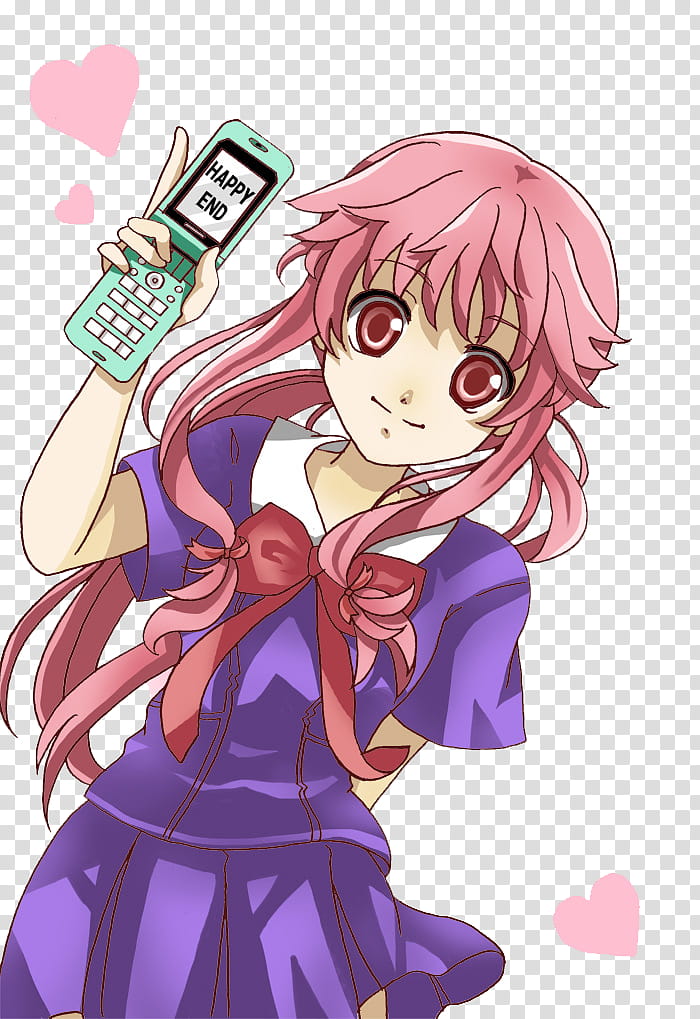 Renders De Gasai Yuno, pink-haired anime character holding smartphone illustration transparent background PNG clipart