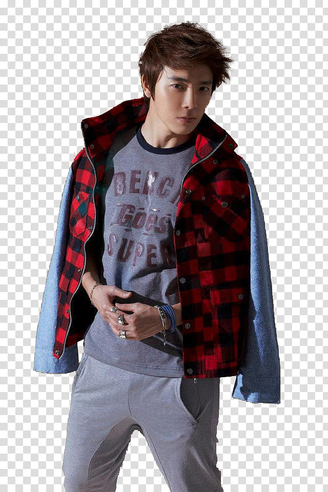 DongHae from magazine cutting, man wearing gray inner shirt and red gingham long-sleeved top transparent background PNG clipart