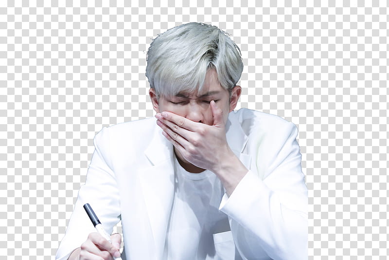 kim namjoon , man covering his mouth using hand transparent background PNG clipart
