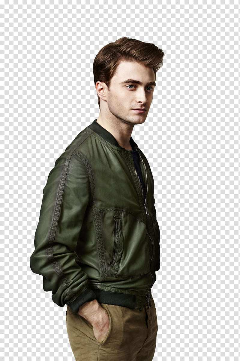 Daniel Radcliffe, standing man wearing green zip-up leather jacket transparent background PNG clipart