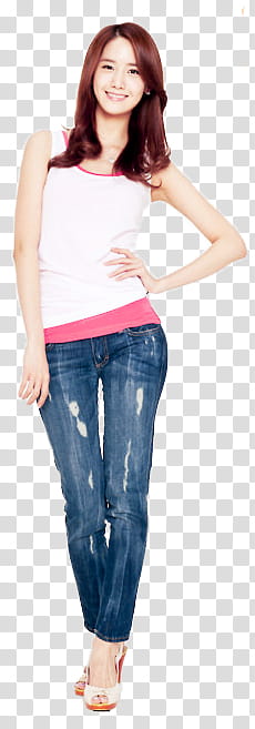 , woman in white and pink tank top and blue jeans standing transparent background PNG clipart