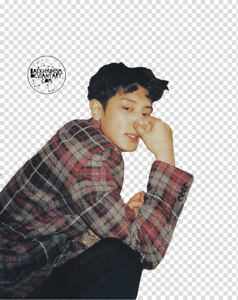 CHANYEOL FOR VOGUE MAGAZINE, smiling man wearing red and black plaid jacket holding nose transparent background PNG clipart
