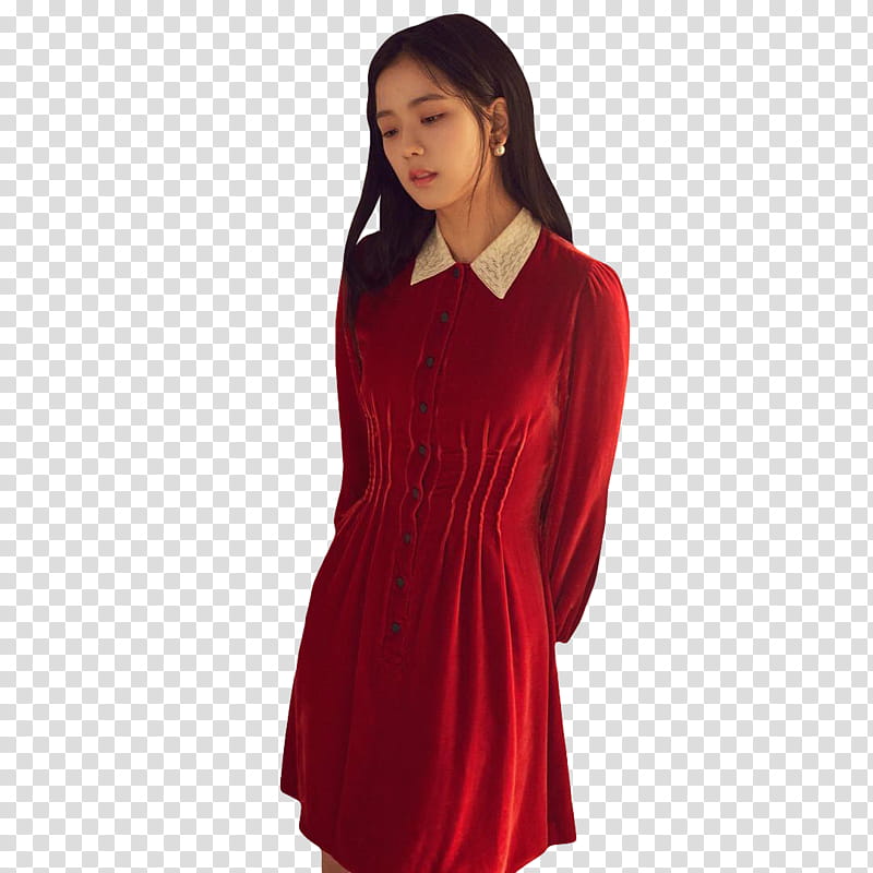 JISOO BLACKPINK INSTYLE, woman wearing red dress standing transparent background PNG clipart