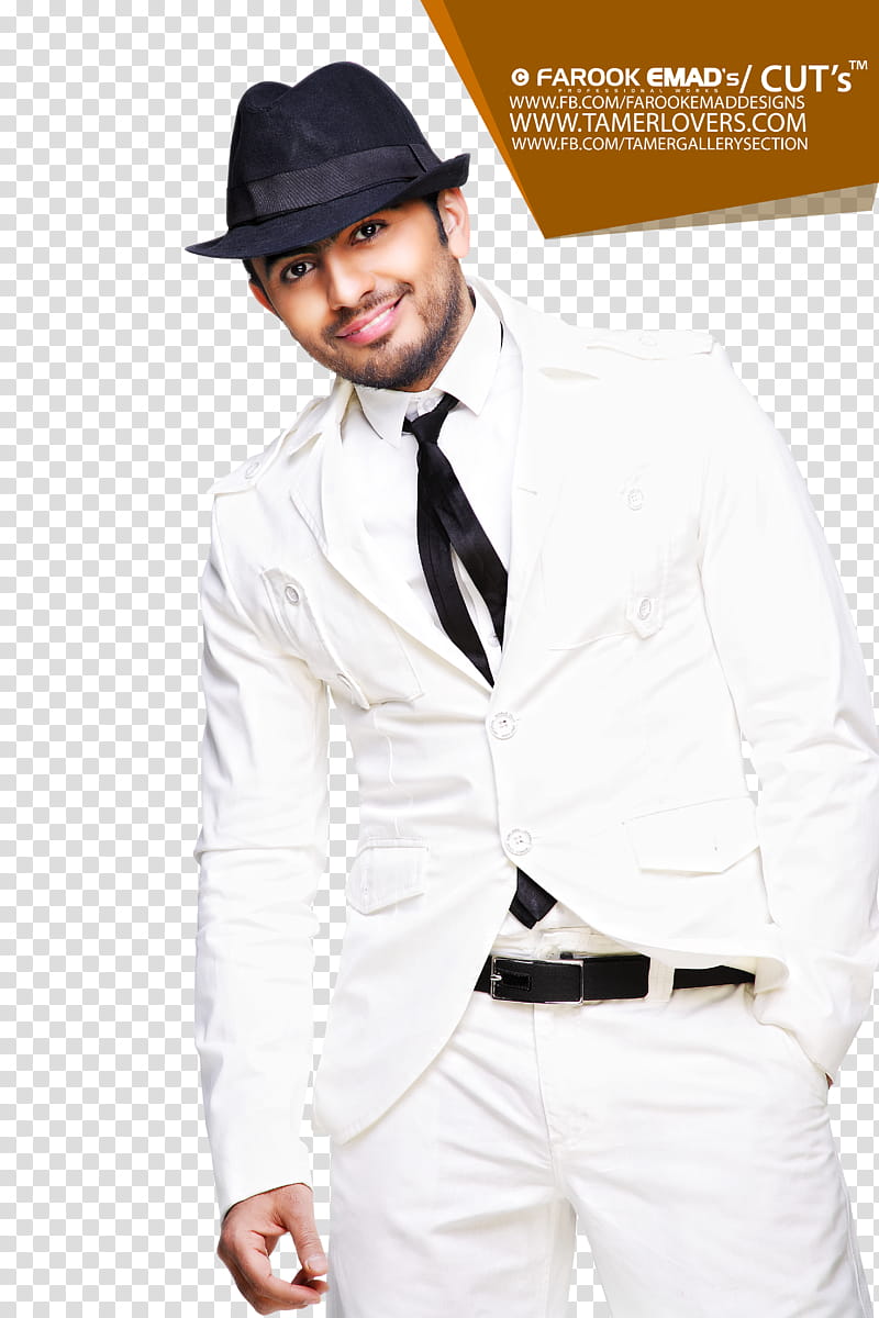 Ha esh Hayati , man wearing white tuxedo and black cap transparent background PNG clipart