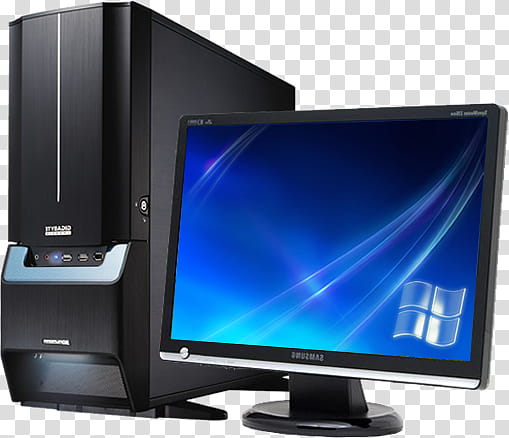 My Computer Icon, black Samsung flat screen computer monitor beside black computer tower transparent background PNG clipart