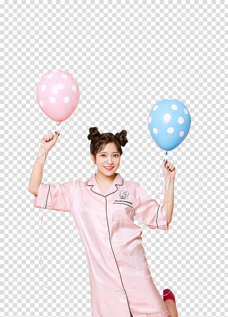 Red Velvet Christmas Home Party, smiling woman holding two pink and blue balloons transparent background PNG clipart