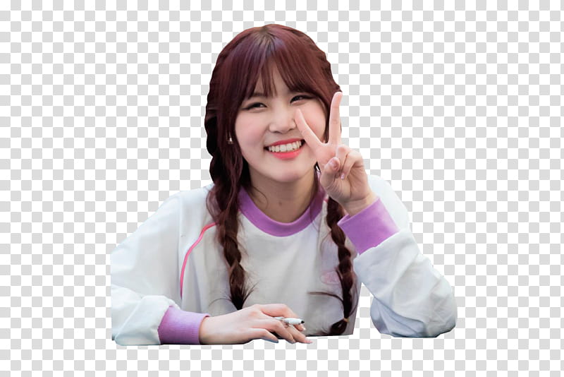 PRISTIN Yehana, long twin braided brunette haired woman sitting while holding out peace hand sign transparent background PNG clipart